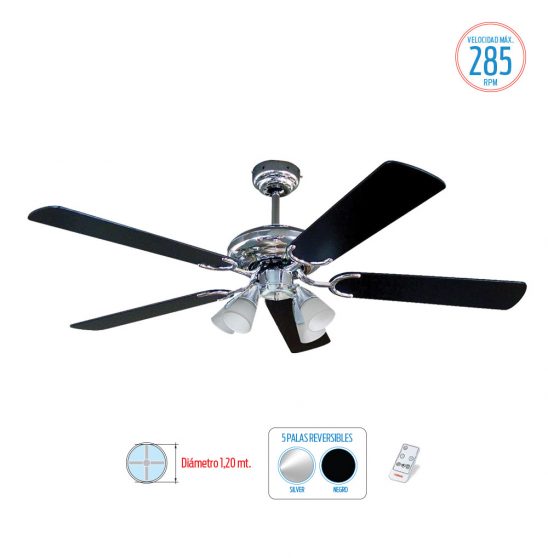 VENTILADOR DE TECHO 5 ASPAS SILVER COLOR PLATIL + 4 TULIPAS LILIANA VTHM410
