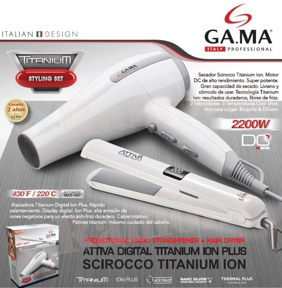 SET PLANCHITA ATTIVA TITANIUM + SECADOR ELEGANZA TITANIUM ION GAMA