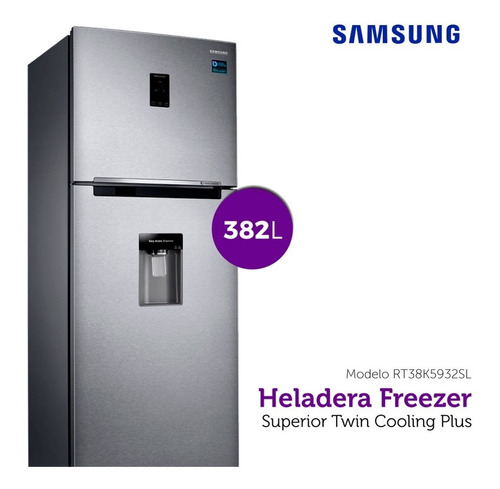 HELADERA CON FREEZER Y DISPENSER ACERO SAMSUNG 382 LTS NO FROST RT38