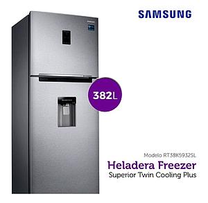 HELADERA CON FREEZER Y DISPENSER ACERO SAMSUNG 382 LTS NO FROST RT38