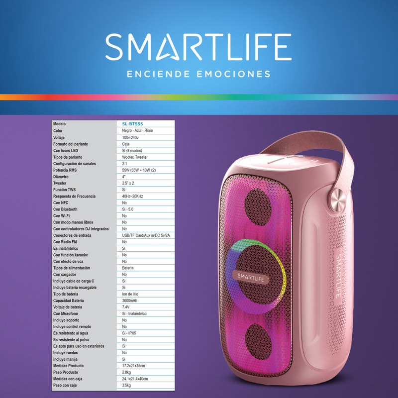 PARLANTE PORTATIL 2.1 55W BLUETOOTH COLORES SMARTLIFE BTS55
